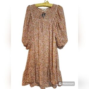 NWT Umgee Pink Floral Print Dress Puffy Sleeve Ruffle Hemline SZ Small